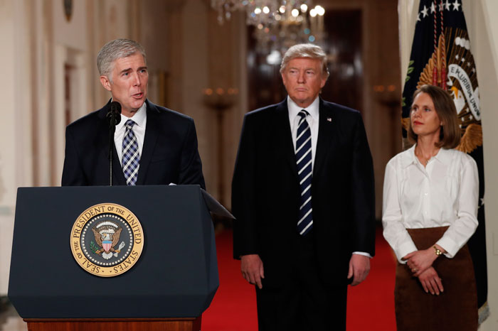 In this file photo Judge Neil Gorsuch speaks as his wife Louise and President Donald Trump stand with him on stage in East Room of the White House in Washington after the president announced Gorsuch as his nominee for the Supreme Court. — AP