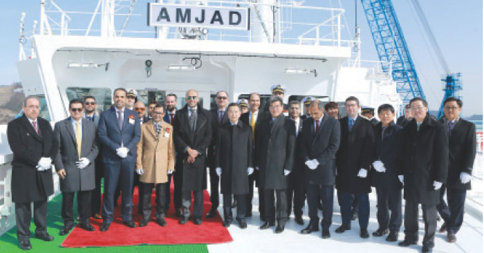 Top executives of Bahri and Hyundai Heavy Industries, along with Saudi Arabia’s Ambassador to South Korea  Riyad Almubaraky on the deck of Amjad
