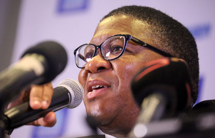 South African Sport and Recreation Minister Fikile Mbalula speaks during the media briefing by the Department of Sport and Recreation of South Africa addressing the stripping of the city of Durban from hosting rights for the 2022 Commonwealth Games on Monday in Durban.  — AFP