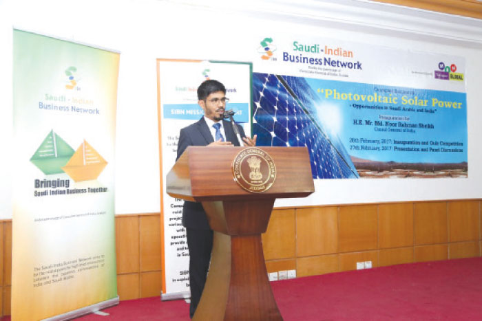 Indian Consul General Md. Noor Rahman Sheikh addressing the gathering at the start of Photovoltaic Solar Power – Opportunities in Saudi Arabia and India meet at the Consulate’s premises.