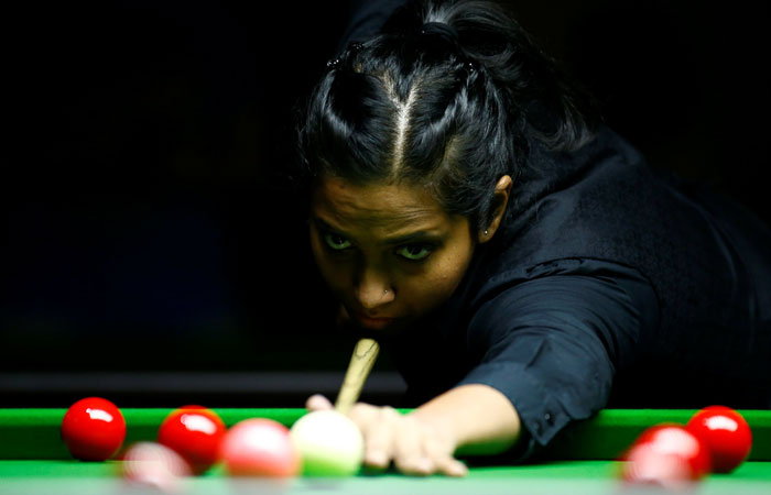 Vidya Pillai of India plays a shot during her final match against Ng On Yee of Hong Kong during the Eden World Women's Snooker Championship in Singapore. — Reuters