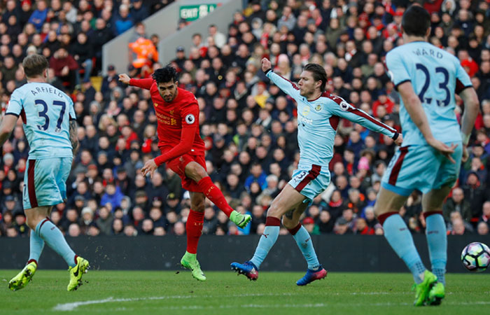 Liverpool's Emre Can scores their second goal against Burnley during their Premier League match at Anfield Sunday. — Reuters