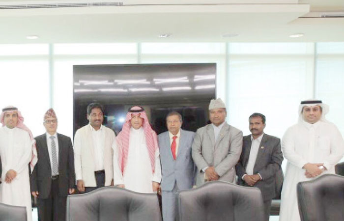 The Nepalese parliamentary delegation led by Prabhu Sha calls on Minister of Labor and Social Development Ali Al-Ghafis in Riyadh on Monday. — Courtesy photo