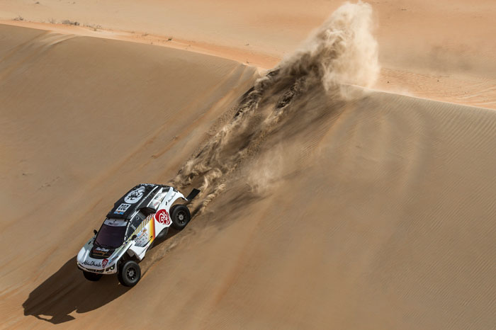 Sheikh Khalid Al-Qassimi takes a stunning victory in the Abu Dhabi Desert Challenge with his new Peugeot 3008 DKR.