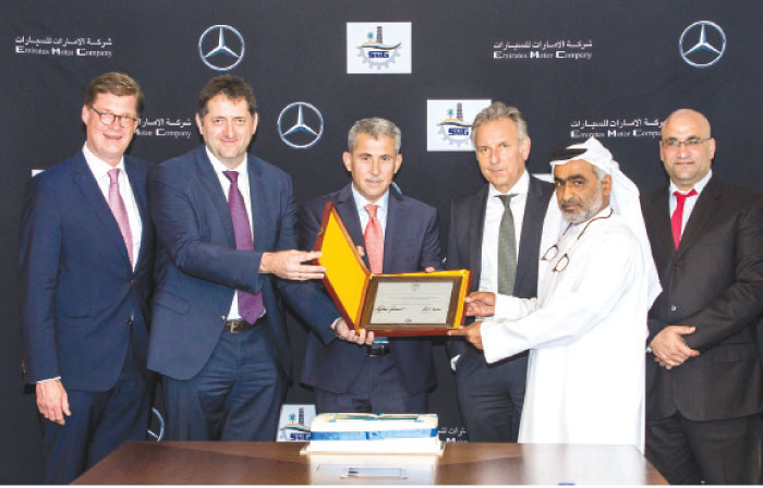 From left: Till Oberwoerder, Head of Marketing, Sales and Services Mercedes-Benz Trucks;  Roland Schneider, President & CEO of Daimler Commercial Vehicles MENA FZE;  Munzer Ibrahim Dunifat, Operations Manager of Suhail Al Mazroui Est.; Stefan Buchner, Head of Mercedes-Benz Trucks Europe/Latin America;  Rashed Suhail Helal Al Mazroui, CEO of Suhail Al Mazroui Est.; and   Bilal Al Ribi, General Manager of Commercial Vehicles at EMC