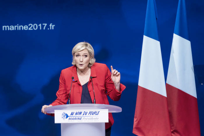 Far-right candidate for the presidential election Marine Le Pen speaks during a campaign meeting in Paris, France.  — AP