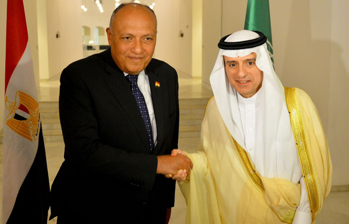 Minister of Foreign Affairs Adel Al-Jubeir receives his Egyptian Counterpart Sameh Shoukry in Riyadh on Sunday. - SPA