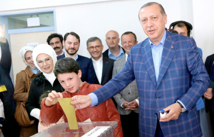 Turkish President Tayyip Erdogan casts his ballot at a polling station during a referendum in Istanbul, Turkey, on Sunday. — Reuters