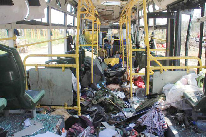 A picture taken on Sunday shows the damage inside a bus a day after a suicide car bombing attack in Rashidin, west of Aleppo, targeted busses carrying Syrians evacuated from two besieged government-held towns of Al-Fuaa and Kafraya. — AFP