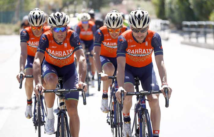 Italy's rider of team Bahrain Merida Vincenzo Nibali and Giovanni Visconti (R) train with teammates on the first rest day of the 100th Giro d'Italia, Tour of Italy, on Monday in Trabia, Sicily. — AFP