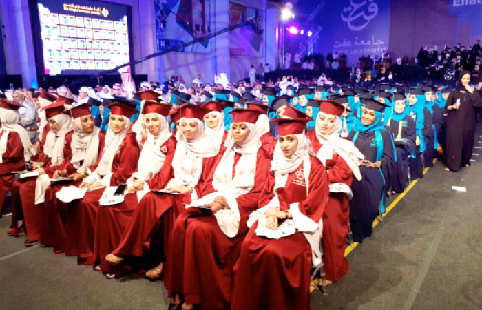 Effat University students celebrate the graduation ceremony Thursday night. — SG photo