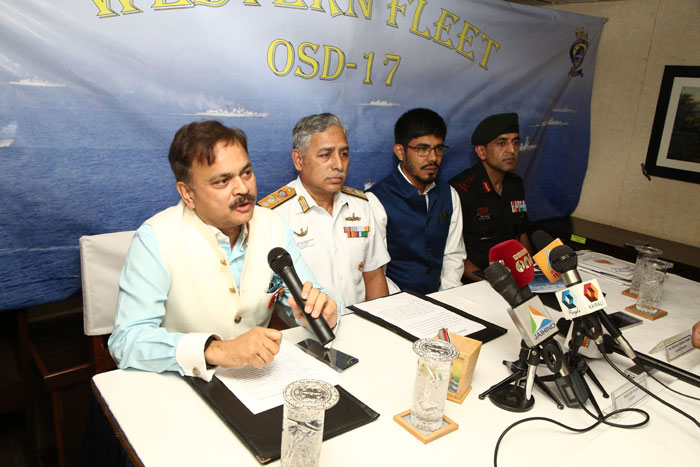 From left: Indian Ambassador Ahmad Javed, Rear Admiral R. B. Pandit (FOCWF), Consul General Mohd. Noor Rahman Sheikh and Defense Attache Col. Maneesh Nagpal at the press briefing on INS Trishul on Thursday. — Photo by Krishna Chenmad