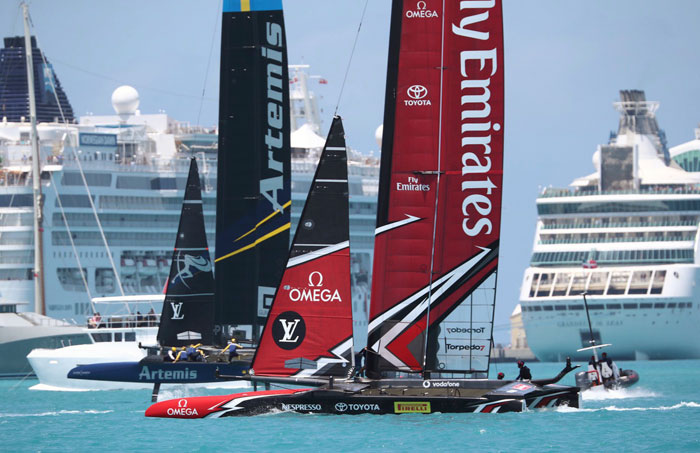 Artemis Racing and Emirates Team New Zealand compete during America's Cup qualifying on the Great Sound in Bermuda on Tuesday. — AP