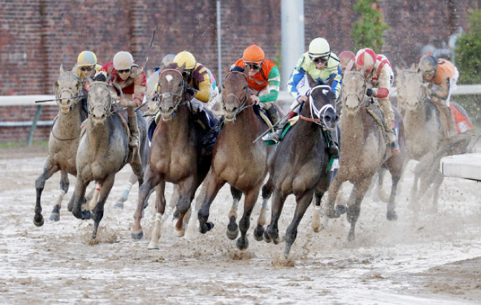 John Velazquez (light green shirt) aboard Always Dreaming leads the field to the final stretch and wins the 2017 Kentucky Derby at Churchill Downs in Louisville Saturday. — Reuters