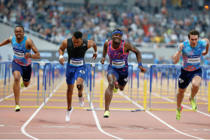 Omar McLeod of Jamaica winning the 110m hurdles at the IAAF Athletics Diamond League meeting in Shanghai Saturday. — Reuters