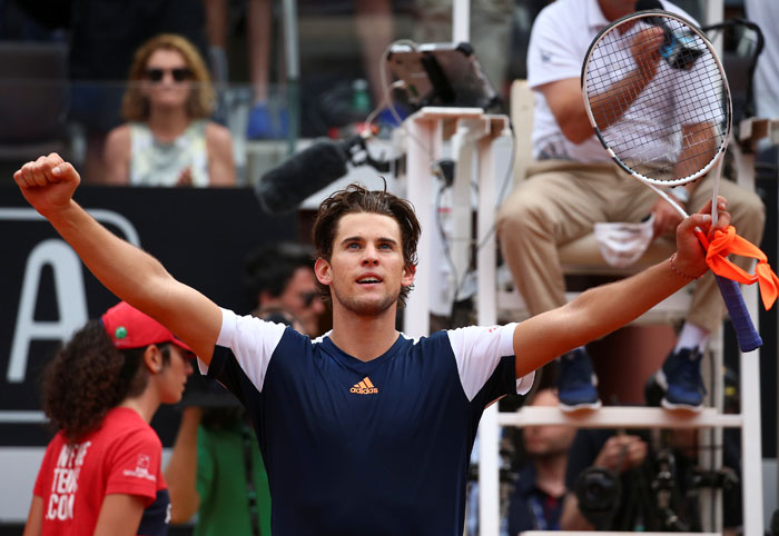 Dominic Thiem of Austria celebrates after winning the match against Rafael Nadal of Spain in Rome Friday. — Reuters