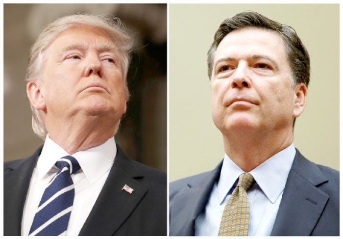 A combination photo shows US President Donald Trump, left, in the House of Representatives in Washington on Feb. 28, 2017 and FBI Director James Comey in Washington on July 7, 2016. — Reuters