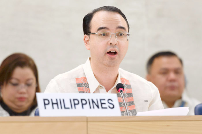 Philippines’ Senator Alan Peter Cayetano speaks during the universal periodic review of the Philippines by the Office of the United Nations High Commissioner for Human Rights (OHCHR) at the UN offices in Geneva on Monday. — AFP