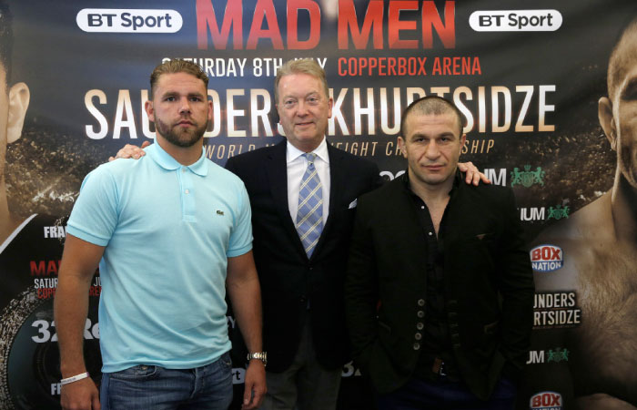 Billy Joe Saunders and Avtandil Khurtsidze pose with Promoter Frank Warren after the press conference  at teh Grosvenor House Hotel, London. — Reuters