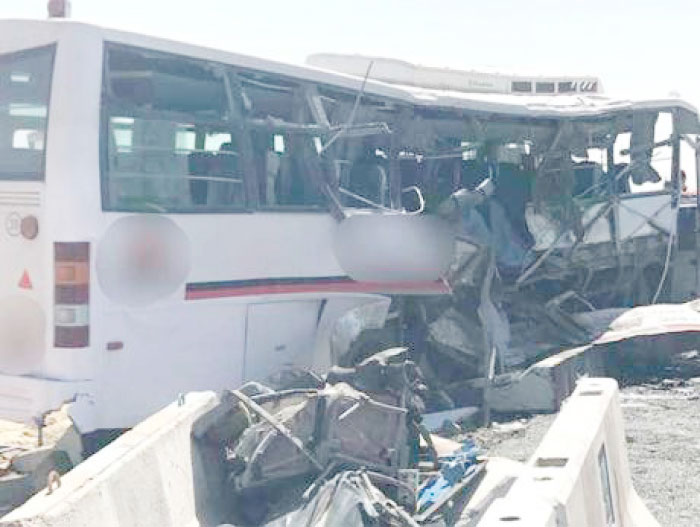Investigators say the bus driver lost control and smashed into a truck.