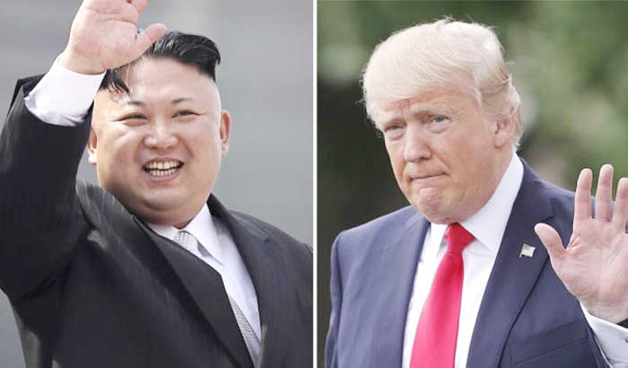 This combination of photos shows North Korean leader Kim Jong Un on April 15, 2017, in Pyongyang, North Korea, left, and US President Donald Trump in Washington on April 29, 2017. — AP