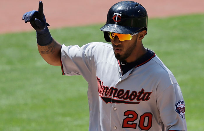 Minnesota Twins' Eddie Rosario points up as he runs the bases after hitting a solo home run in the fourth inning of their MLB game against Cleveland Indians in Cleveland Sunday. — AP