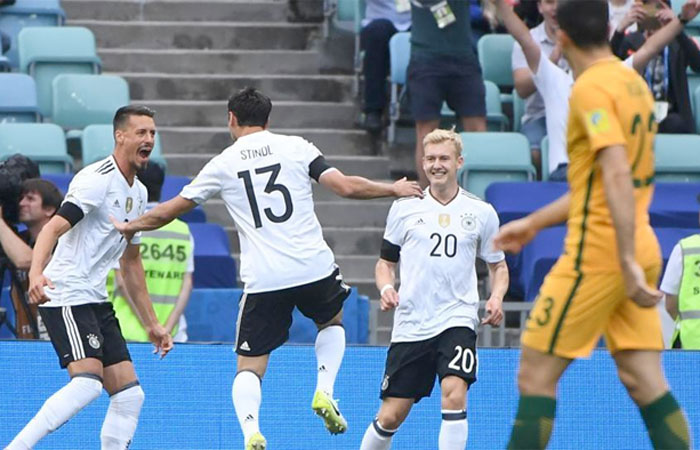 Germany's players celebrate a goal during the 2017 FIFA Confederations Cup Group B match against Cameroon at the Fisht Stadium in Sochi Sunday. — AFP