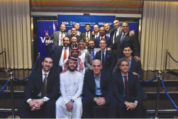 Karim Beg, Ahmed Gaber, VISA’s General Manager for Saudi Arabia, Kuwait, Oman and Bahrain, Ihab Ayoub, VISA General Manager for the Middle East and North Africa, and the VISA team from Riyadh pose for a group photo