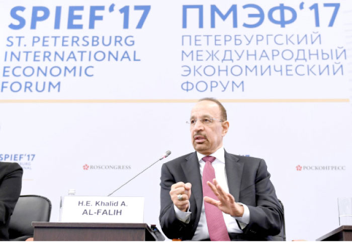 Minister of Energy, Industry and Mineral Resources Khalid Al-Falih attends a session of the St. Petersburg International Economic Forum (SPIEF) in Russia on Friday. — SPA