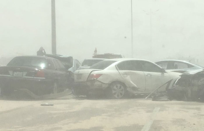 A major pile up on Abqaiq Road (Dammam-Alhasa Expressway) near Dammam Industrial Area II involving more than 20 vehicles Wednesday evening resulted in injuries to more than two dozen people. — Courtesy photo
