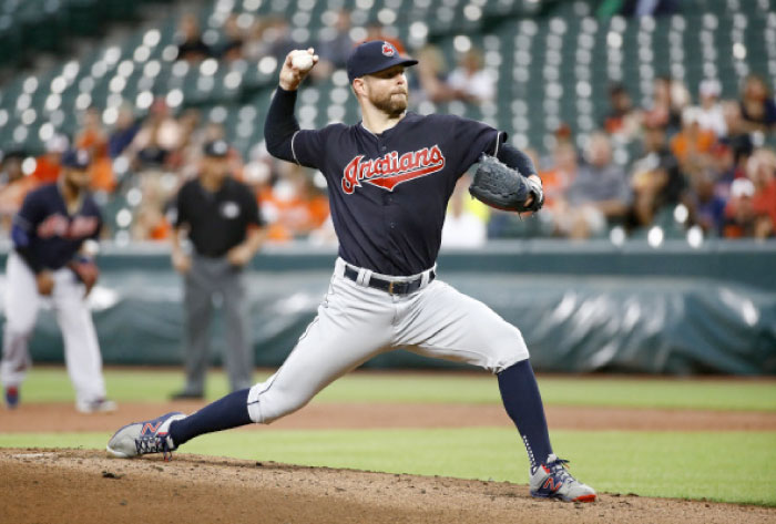 Cleveland Indians’ starting pitcher Corey Kluber throws to the Baltimore Orioles during their MLB game in Baltimore Monday. — AP
