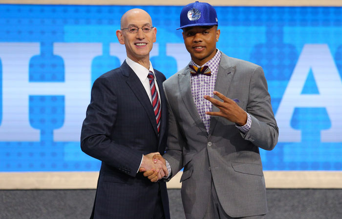 Markelle Fultz (Washington) is introduced by NBA commissioner Adam Silver as the No. 1 overall pick to the Philadelphia 76ers in the first round of the 2017 NBA Draft at Barclays Center in Brooklyn Thursday. — Reuters