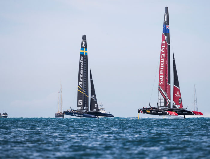 Emirates Team New Zealand skippered by Peter Burling shown here in action against Artemis Racing and winning today's race and taking the series 5-2 against Artemis Racing during the 35th America's Cup, Louis Vuitton Challenger Playoffs finals on Monday on Bermuda's Great Sound. Emirates Team booked an America's Cup rematch with Oracle Team USA winning the lone race of the day 5-2. — AFP