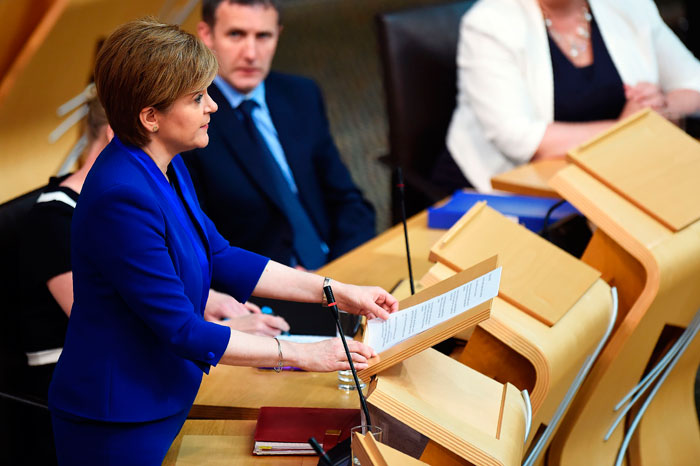 Scotland's First Minister and Scottish National Party (SNP) leader Nicola Sturgeon delivers her address to the Scottish Parliament in Edinburgh on Tuesday. — AFP