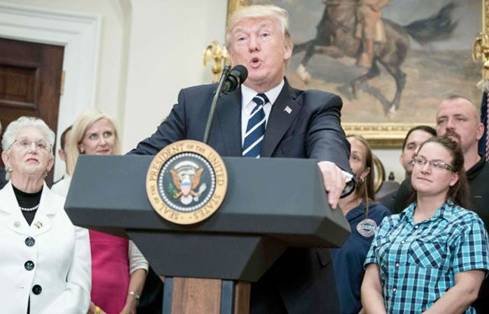 US President Donald Trump speaks during the launch of the Apprenticeship and Workforce of Tomorrow initiatives in the Roosevelt Room at the White House in Washington, DC. —AFP