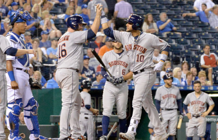 Houston Astros first baseman Yuli Gurriel (10) is congratulated by catcher Brian McCann (16) after hitting a three run home run in the ninth inning against the Kansas City Royals at Kauffman Stadium. — Reuters