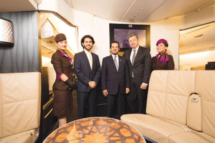 From left: Flanked by Etihad Airways cabin crew, Etihad Airways’ Executive Vice President Commercial Mohammad Al Bulooki, Ambassador of the United Arab Emirates to France Maadhad Hareb Meghair Jaber Alkhyeli, Executive Director, Chief Airport Operations Officer and Paris-Charles de Gaulle Airport Managing Director Franck Goldnadel