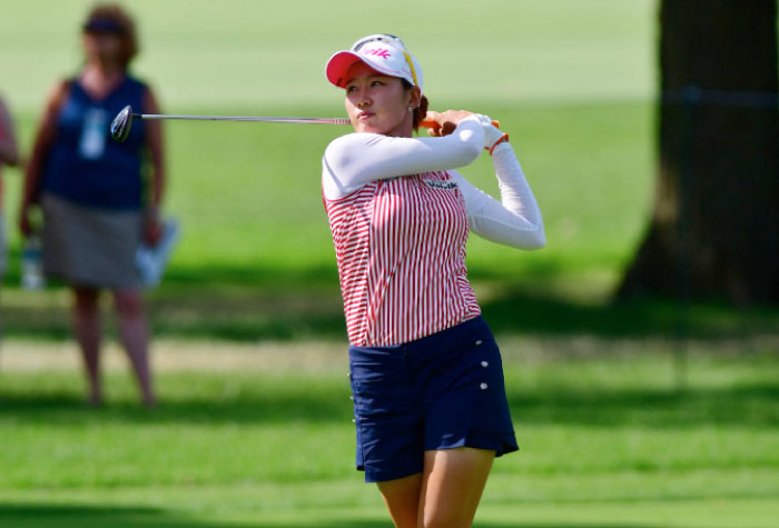 Chella Choi tees off during the third round of the KPMG Women’s PGA Championship at Olympia Fields Country Club – North Saturday. — Reuters