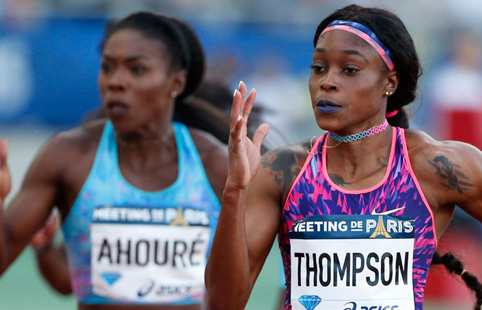 Jamaica’s Elaine Thompson (R) competes in the women’s 100m race at the IAAF Diamond League Athletics Meeting at Charlety Stadium in Paris Saturday. — AP